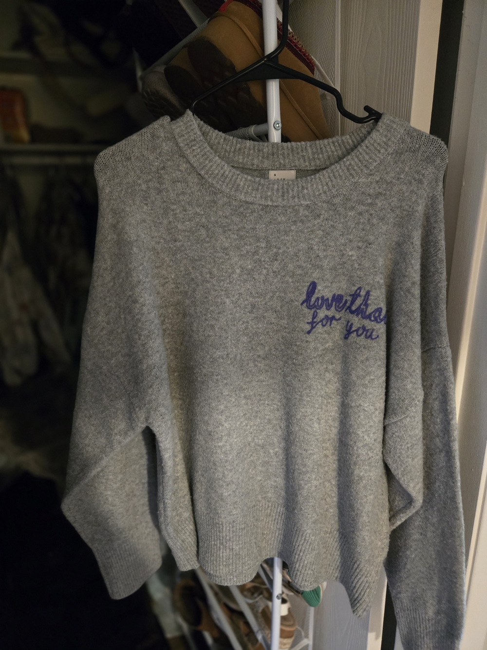 Grey Embroidered Crewneck Sweater - Casual Women's Pullover